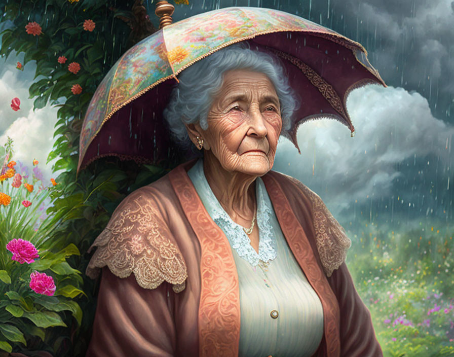 Elderly woman with umbrella in rain and blooming flowers landscape