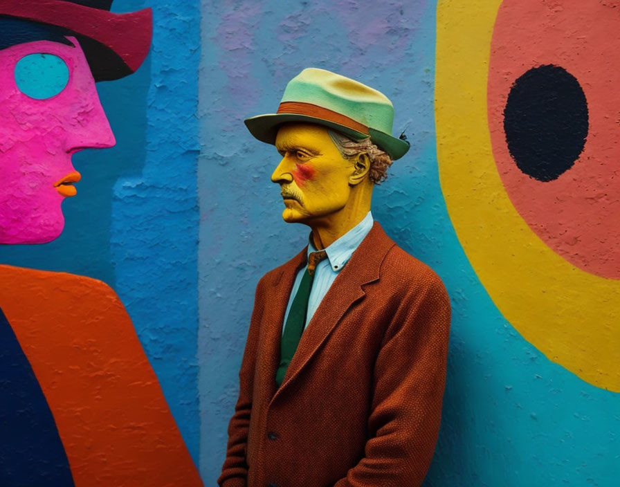 Man in Mustache with Hat and Brown Coat Among Colorful Abstract Murals