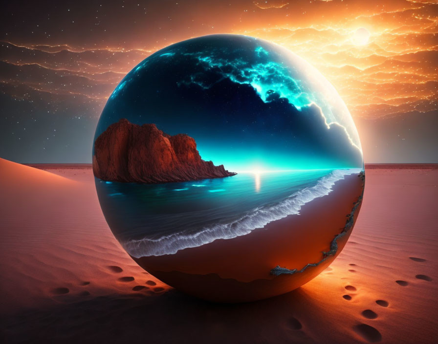 Surreal spherical Earth with ocean, desert, and starry sky