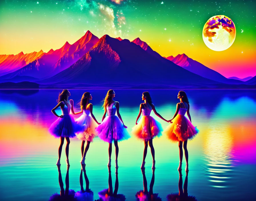 Five Figures Holding Hands by Colorful Lake with Mountains and Moon