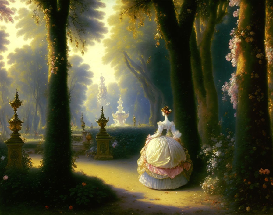 Woman in white and pink gown explores sunlit forest with statues and flowers