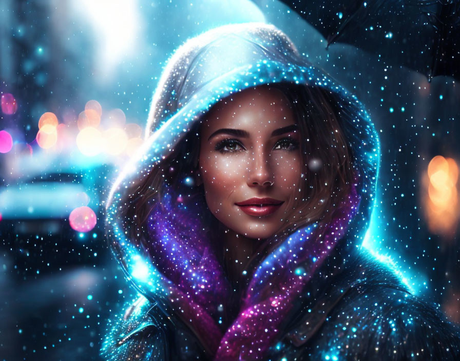 Woman in hooded coat smiling amid colorful bokeh lights and snowflakes.