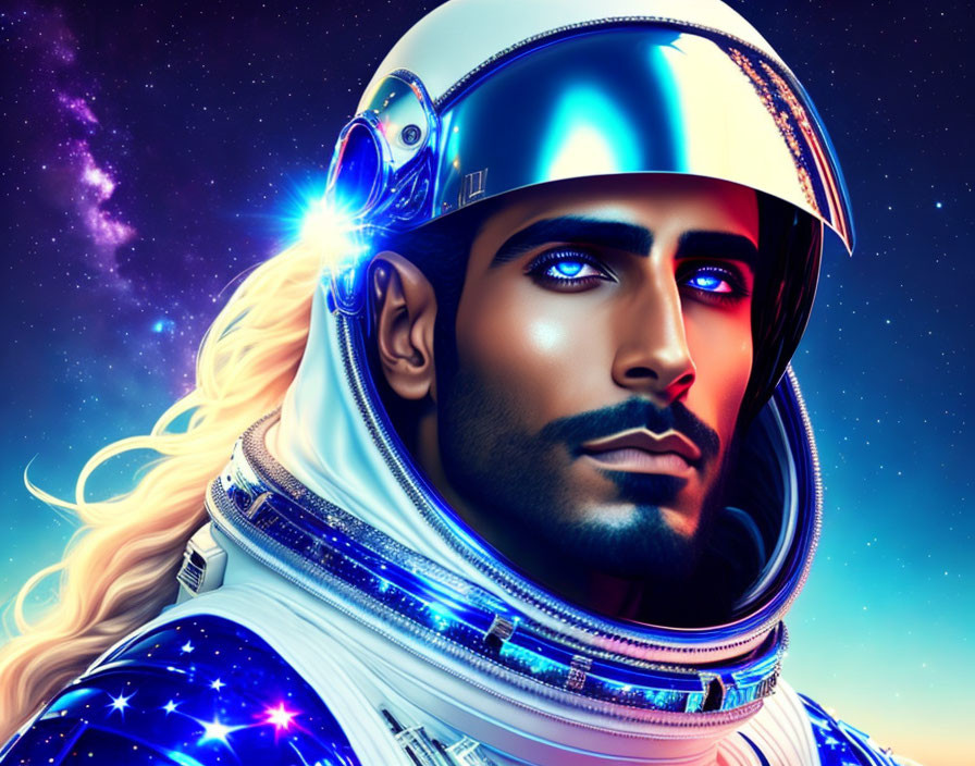 Stylized portrait of a bearded person in a space helmet against cosmic backdrop.