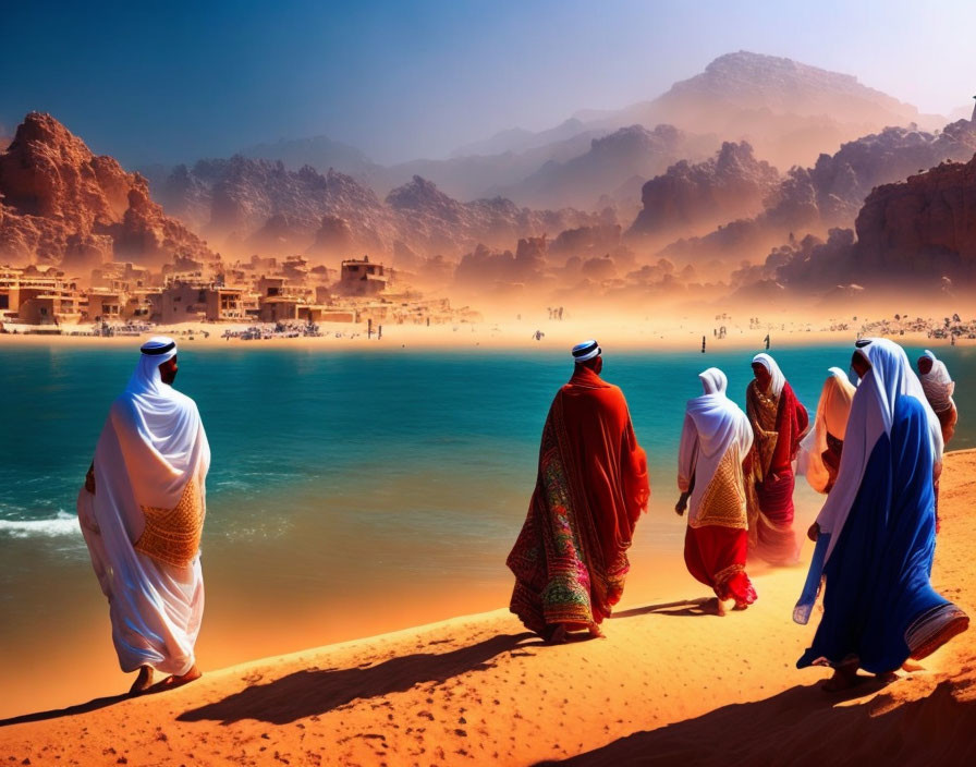 Traditional-dressed group walking on sandy beach near exotic coastal village and mountains.