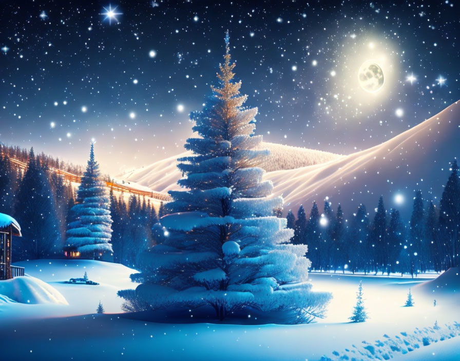 Snowy night scene: pine trees, full moon, falling snowflakes, starry sky