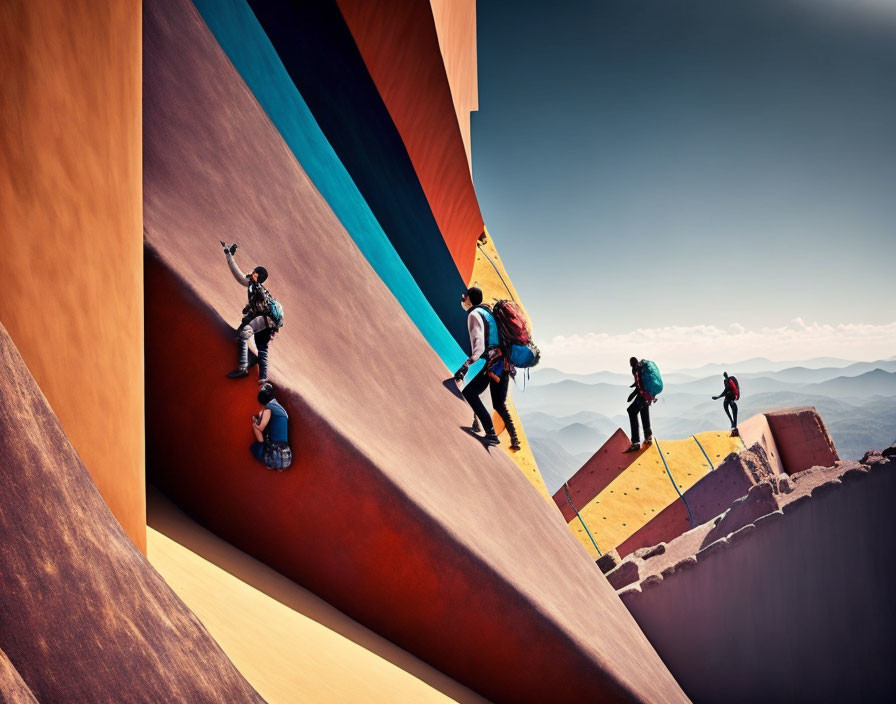 Colorful Climbers Ascend Steep Cliff with Backpacks