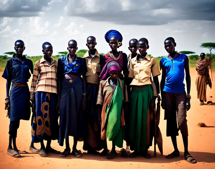 Colorfully dressed group under bright blue sky on sandy ground