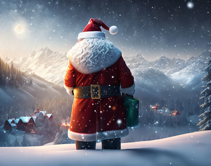 Santa Claus in snow with gift, village, mountains under starry twilight sky