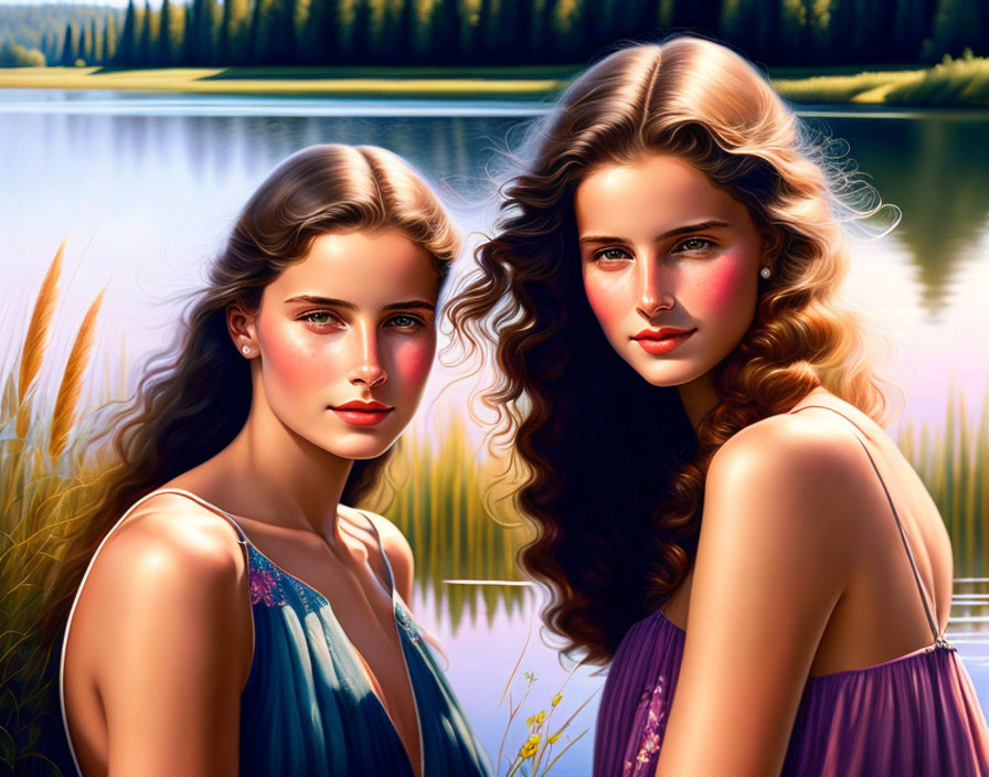 Two women with wavy hair in serene lake digital painting