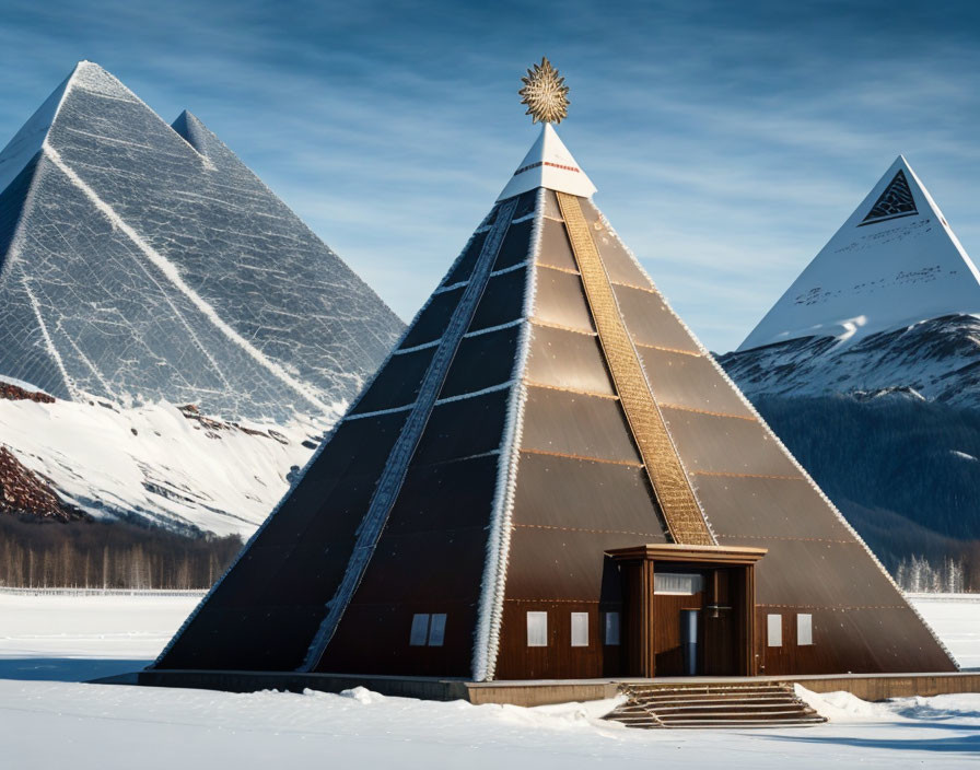 Golden Pyramid Buildings Amid Snowy Mountains and Blue Sky