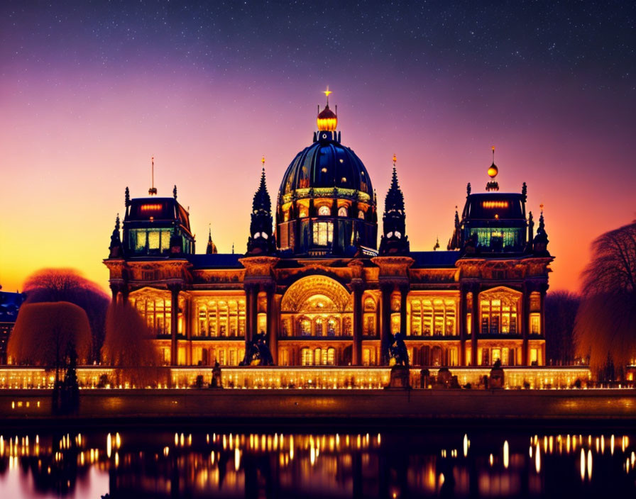 Historic building illuminated at twilight with reflection on calm water under starry sky