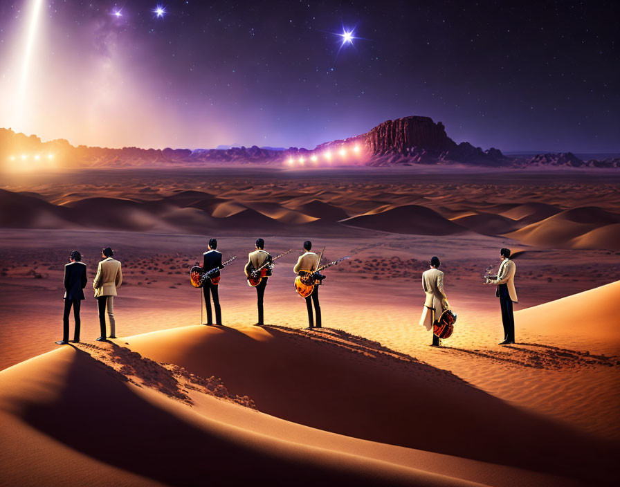 Seven musicians with guitars on desert sand dune under starry night sky