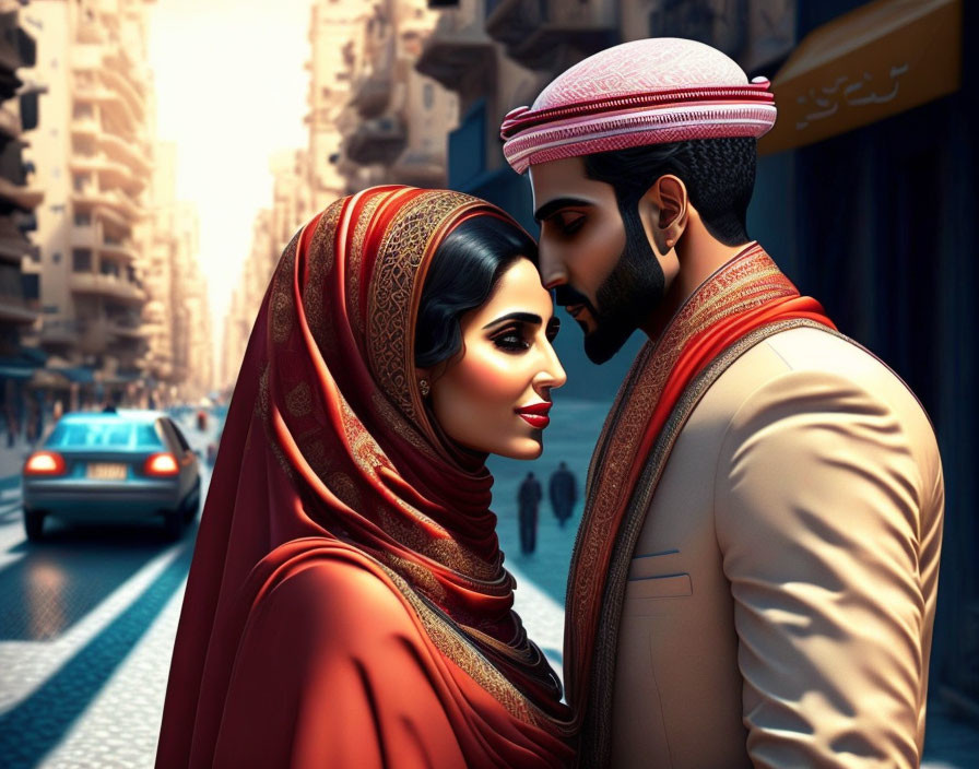 Digital Artwork: Middle Eastern Couple in Traditional Attire on City Street