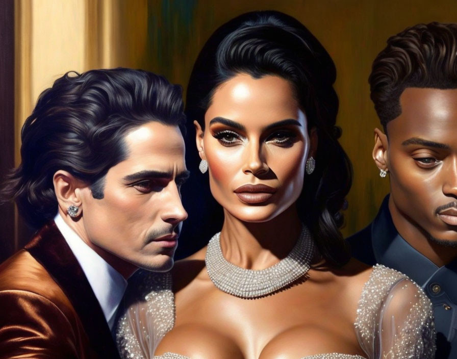 Glamorous trio illustration with man in velvet jacket, woman in sparkling necklace, and man in black