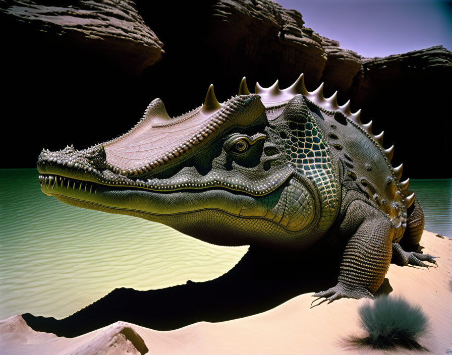 Detailed Green Crocodile Illustration by Sandy Water Bank