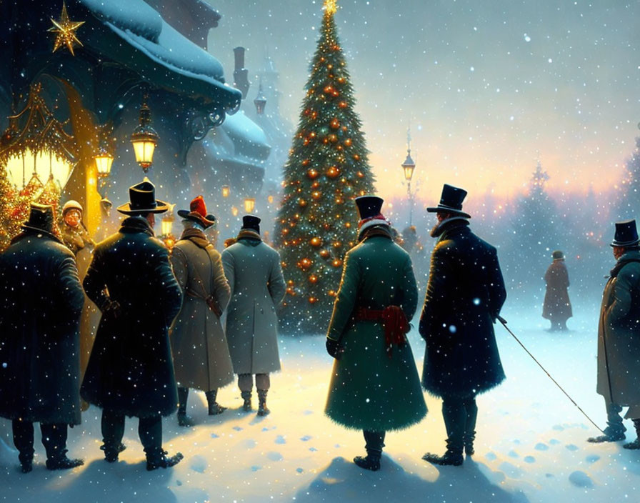 Victorian-era people around illuminated Christmas tree in snow