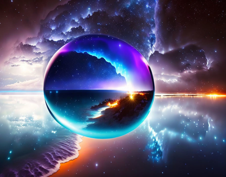 Surreal glowing orb over coastal scene with vibrant colors