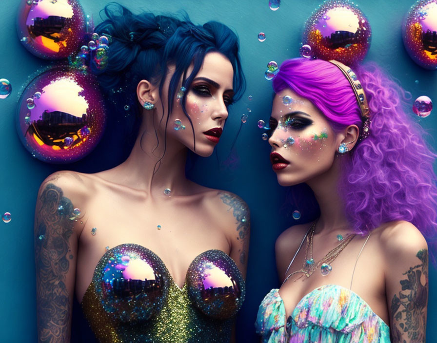 Vibrant Hair Women with Glittery Makeup in Bubble-filled Teal Scene