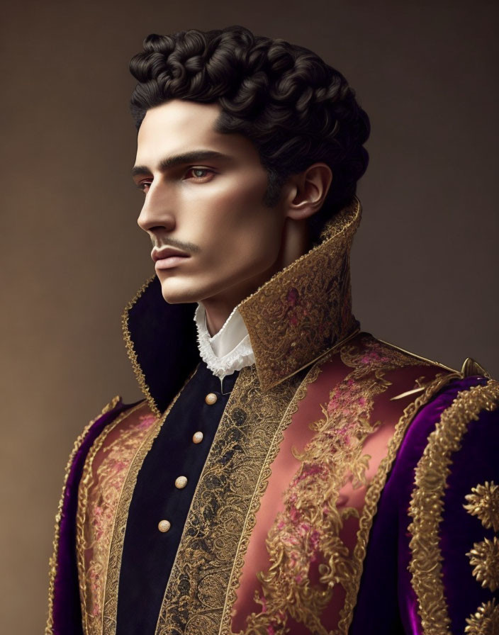 Portrait of man in regal embroidered jacket with high collar.