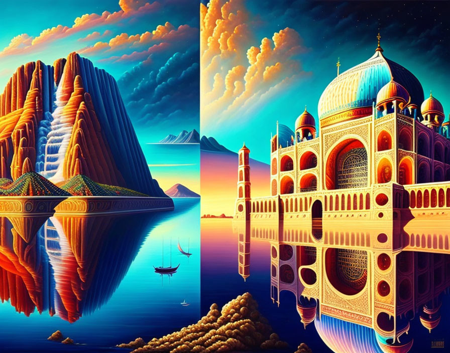 Surreal cliff landscape and fantastical Taj Mahal diptych art.