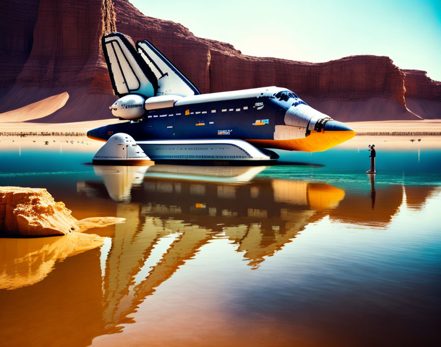 Space shuttle reflection on water with red cliffs and blue sky