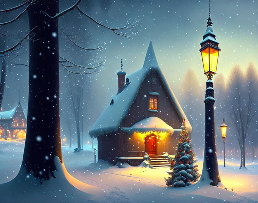 Snowy winter night scene: cozy cottage, glowing street lamp, Christmas tree.