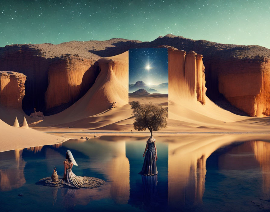 Surreal desert landscape with mirror water and woman facing portal