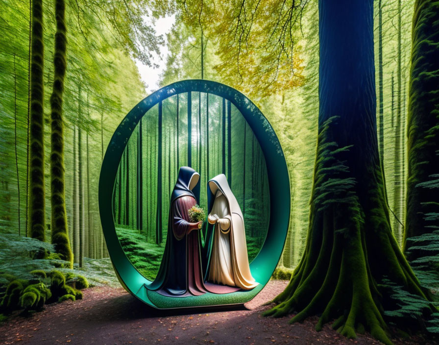 Cloaked Figures Holding Hands in Futuristic Forest Portal