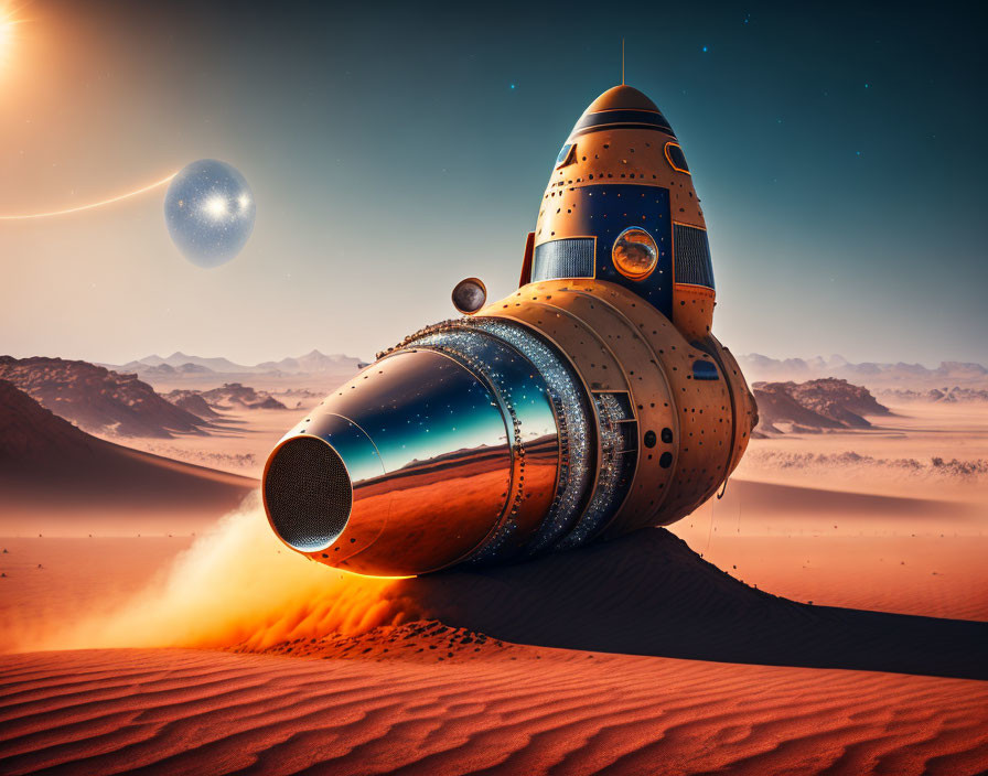 Retro-futuristic rocket ship lands on alien desert planet with large moons.