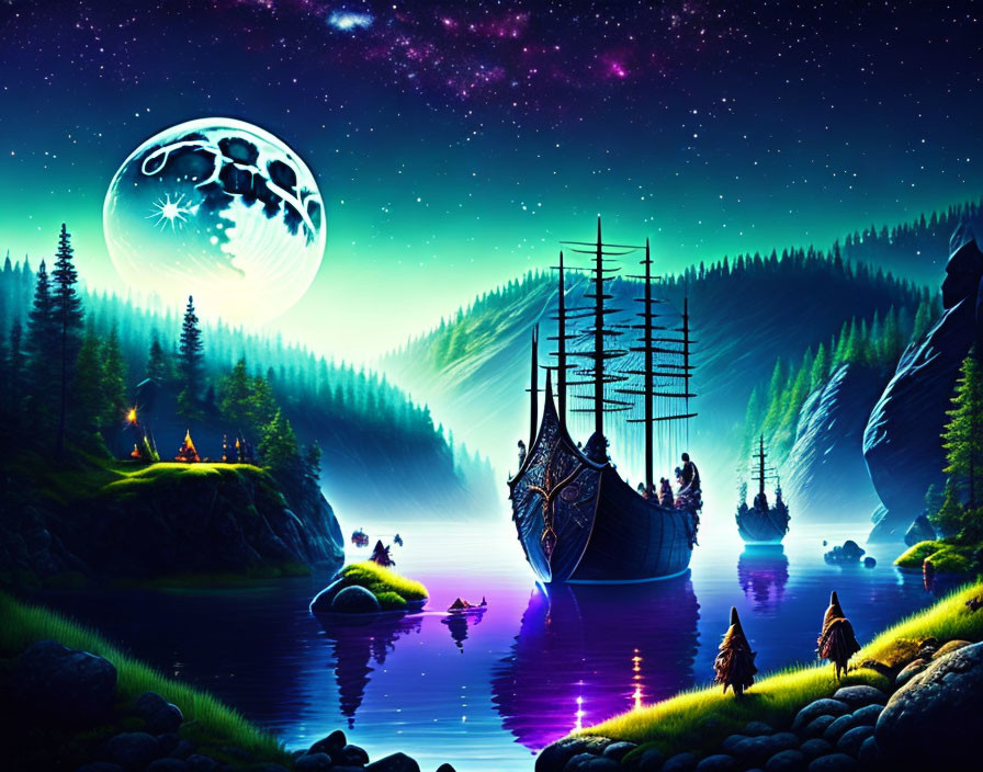 Mystical night scene with glowing moon, ships, flowers, wolves, and starry sky