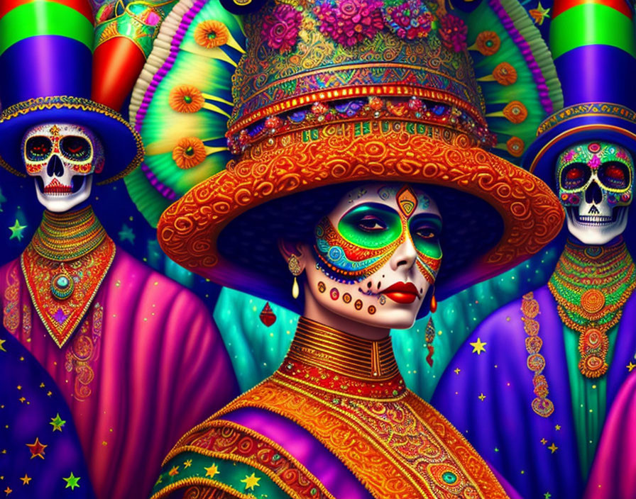 Colorful Day of the Dead themed illustration with person and skulls