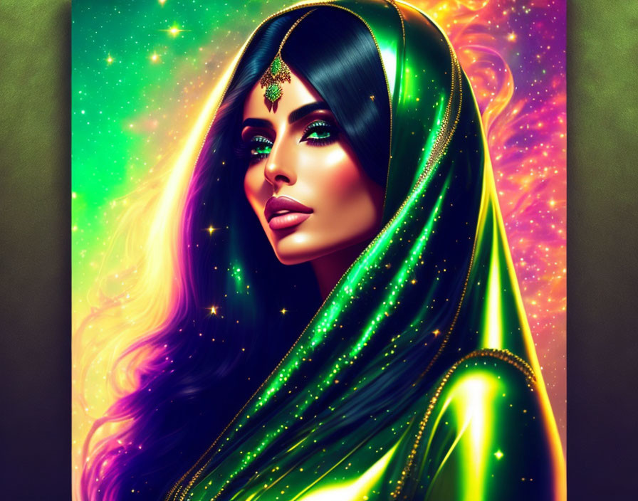 Illustration: Woman with black hair and green veil in cosmic setting