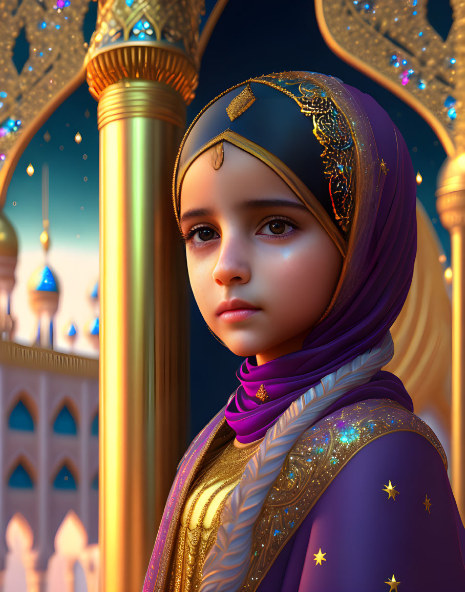 Young girl in traditional attire gazes at Arabian palace at dusk