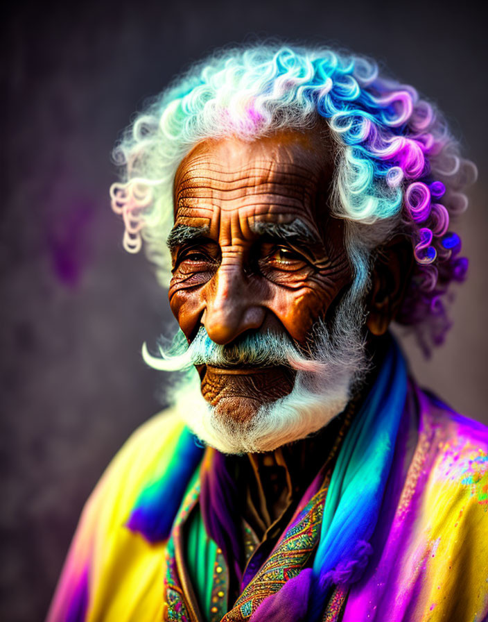 Colorful-bearded elderly man in traditional attire exuding wisdom and joy