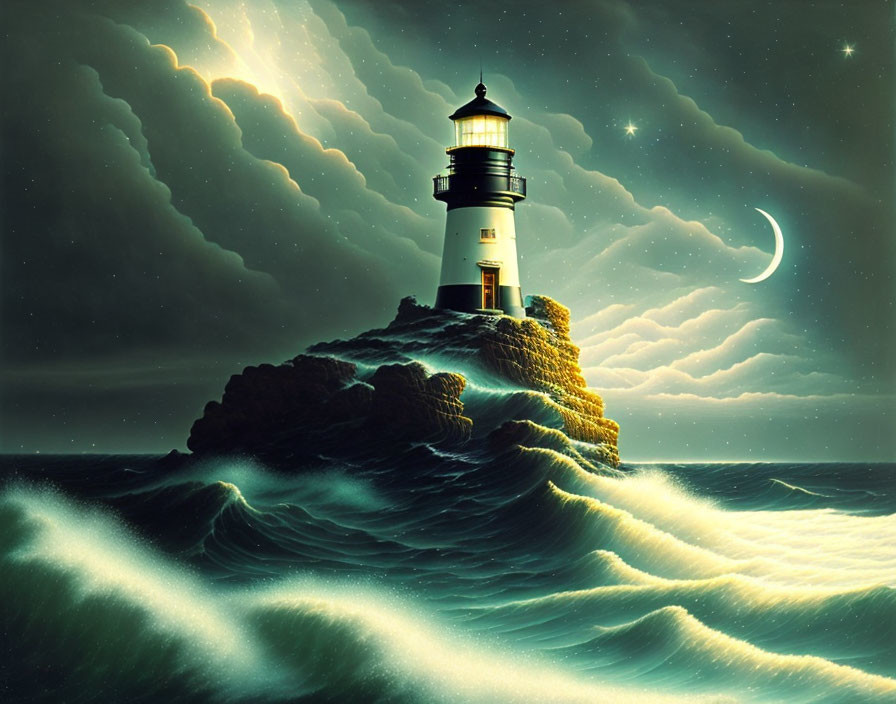 Lighthouse on rocky cliff with crashing waves under starry sky