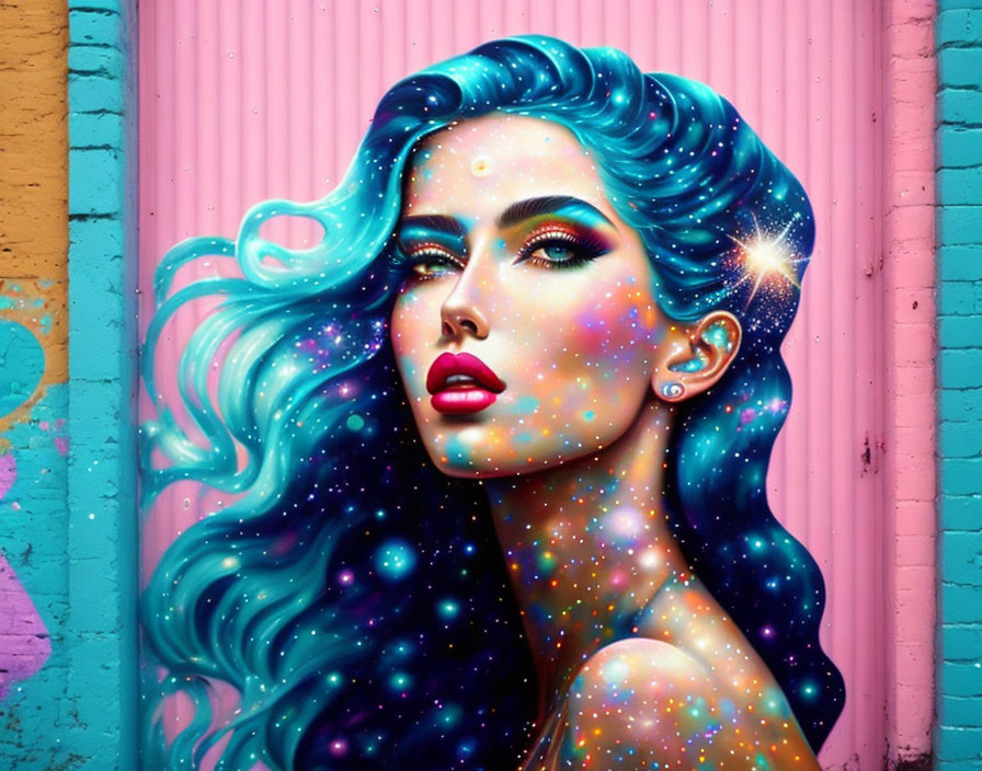 Colorful street art mural featuring woman with blue hair and cosmic stars on pink and teal background