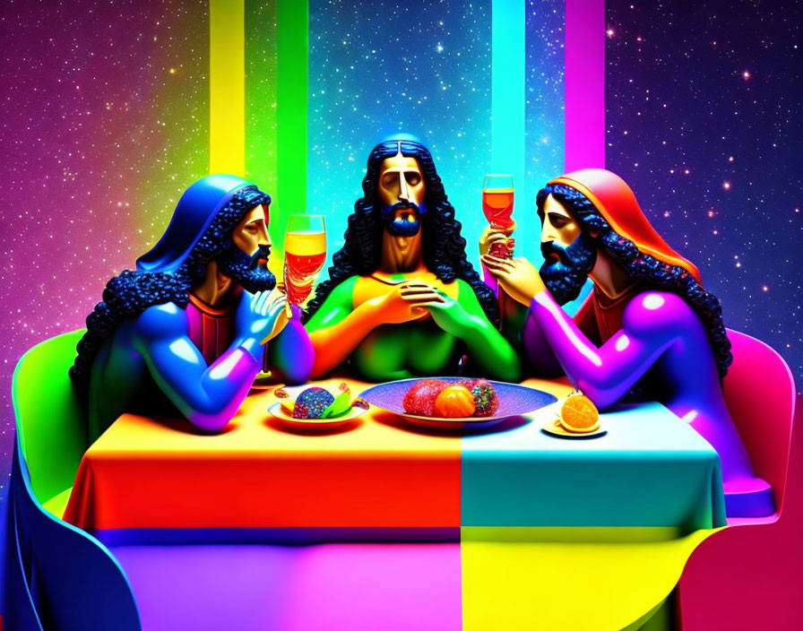 Colorful Table Setting with Stylized Figures and Rainbow Backdrop