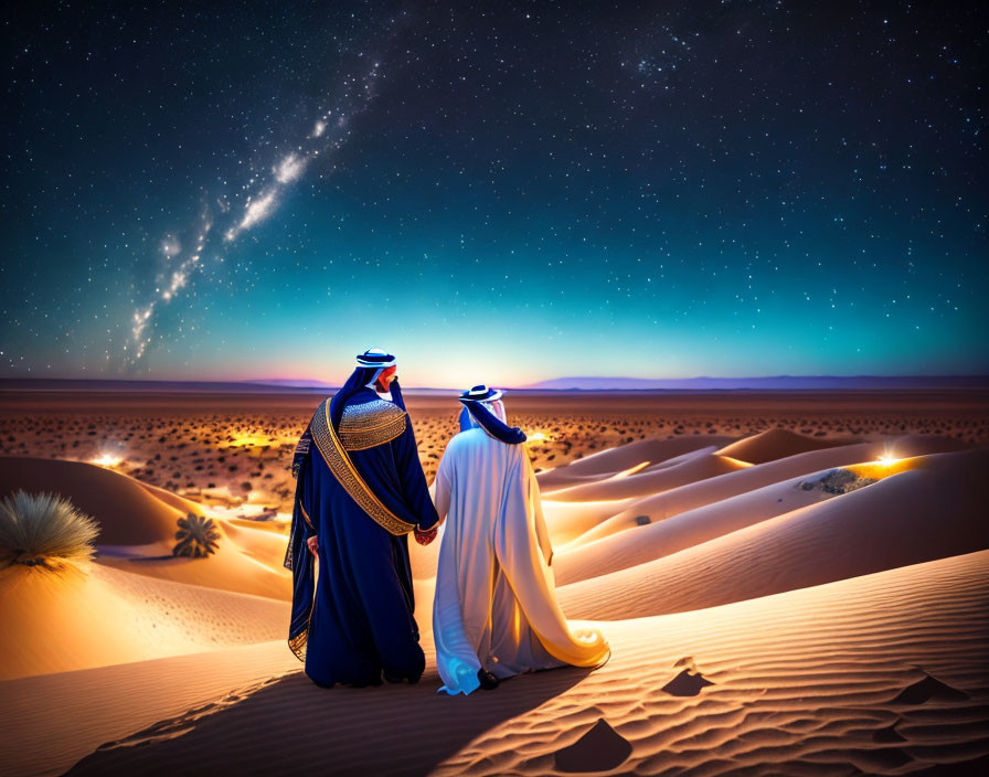 Traditional attire couple admiring starry desert sky at twilight