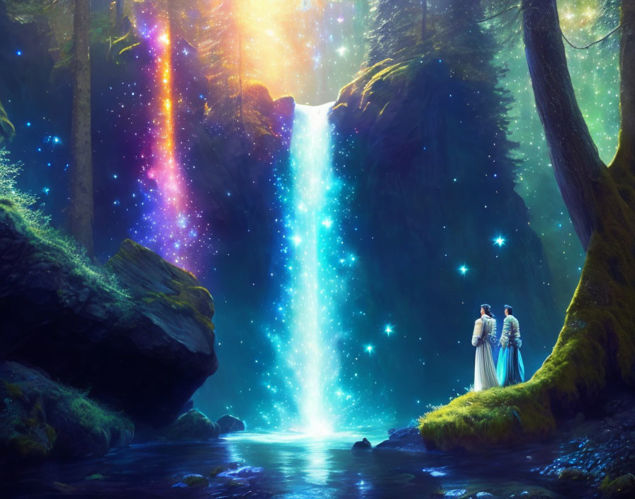 Couple in mystical forest with rainbow light beams.