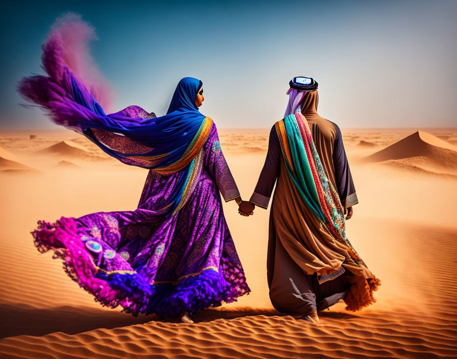 Couple in traditional attire walking through desert with billowing scarf