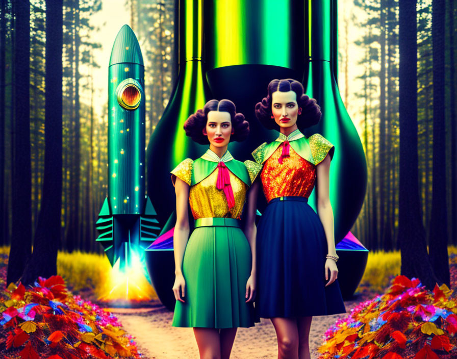 Stylized women in vintage attire by rocket in colorful forest