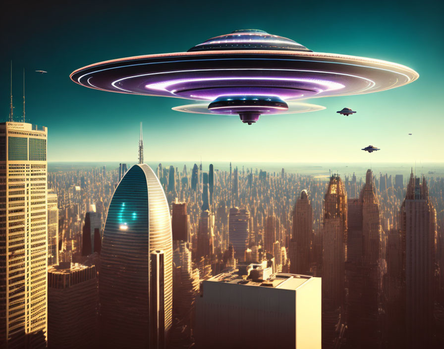 Futuristic cityscape with skyscrapers and flying saucers