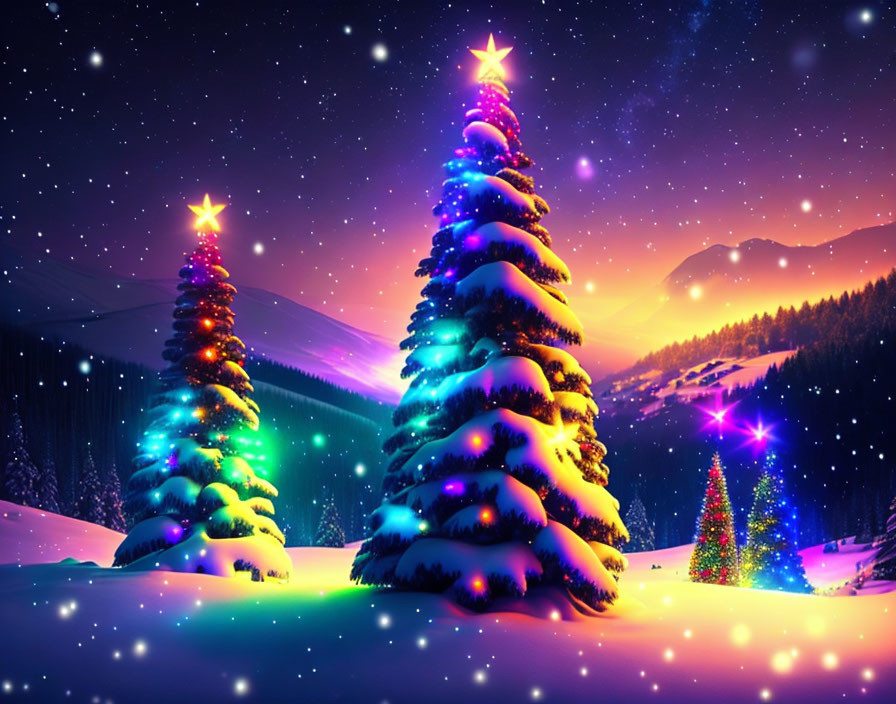 Colorful illuminated Christmas trees against twilight snowy landscape