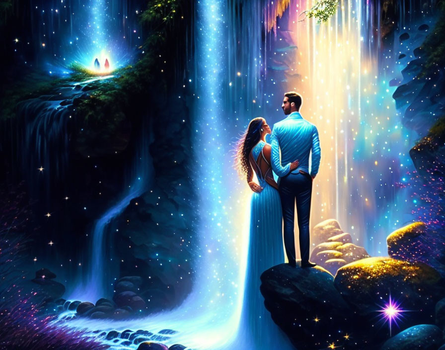 Fantastical digital artwork of couple by glowing waterfall