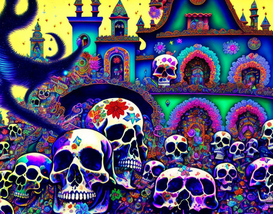 Colorful Psychedelic Artwork with Skulls, Patterns, and Fantastical Architecture