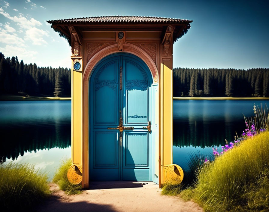 Intricate blue door in serene landscape with lake and greenery