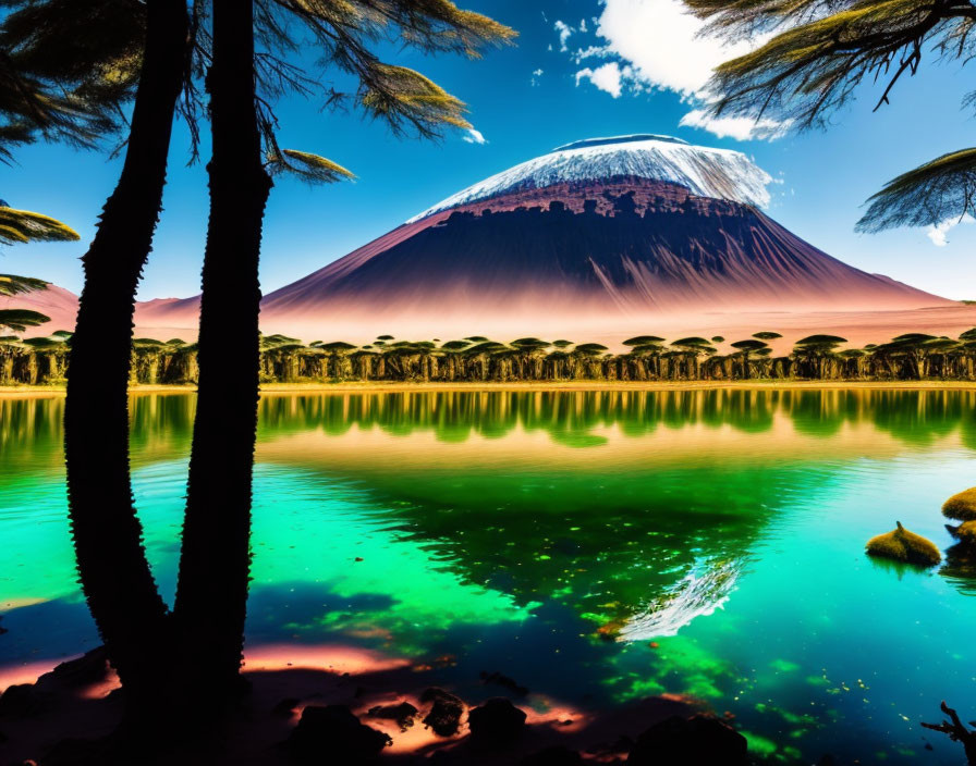 Scenic lake with Mount Fuji, colorful sky, lush forest, and palm trees