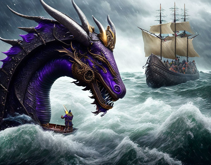 Purple dragon emerges from stormy seas confronting seafarers on wooden ships