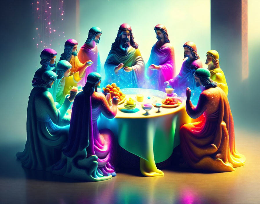 Vibrant Last Supper scene with colorful figurines and neon backdrop.