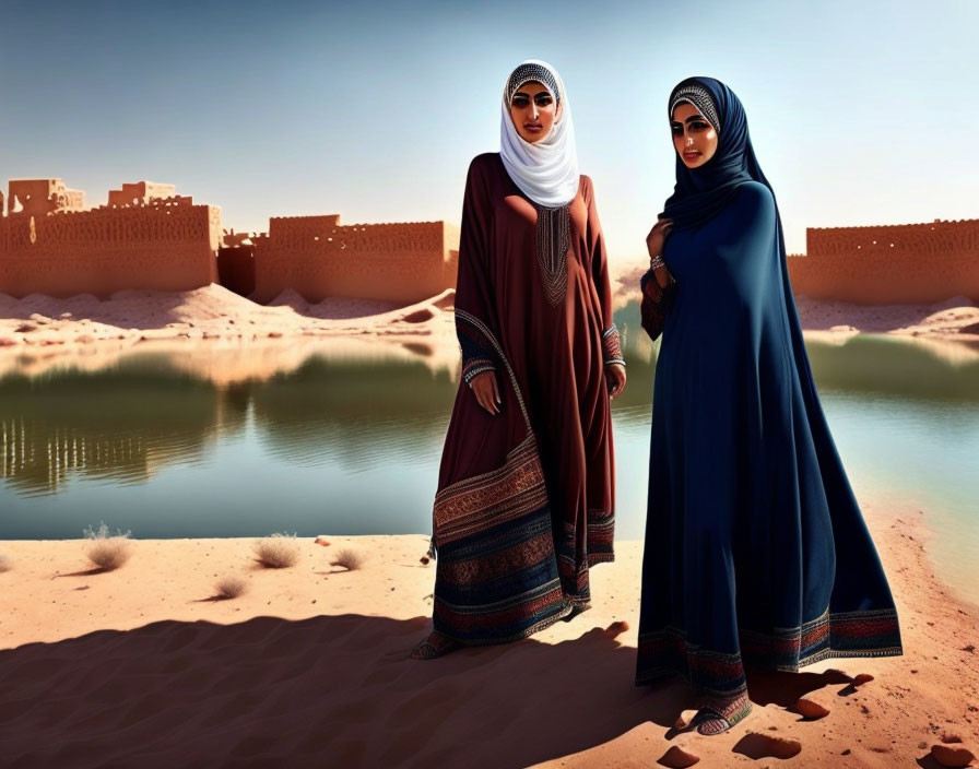 Two women in hijabs by waterfront with desert and traditional buildings.